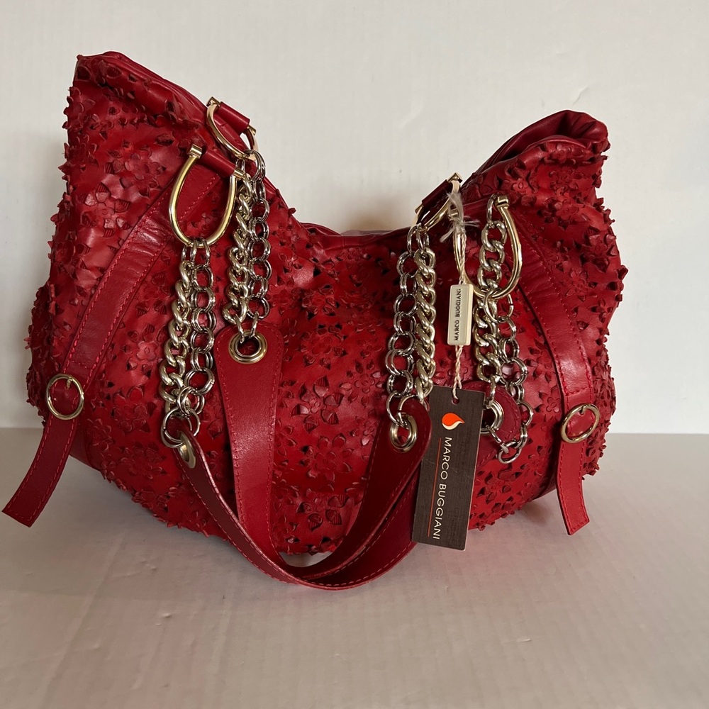 Red Floral Laser-Cut Leather Shoulder Bag